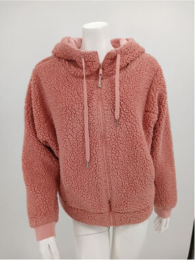 Zella Womens Farrah Sherpa Full Zip Hoodie Jacket Sweater Pink Fuzzy Teddy M